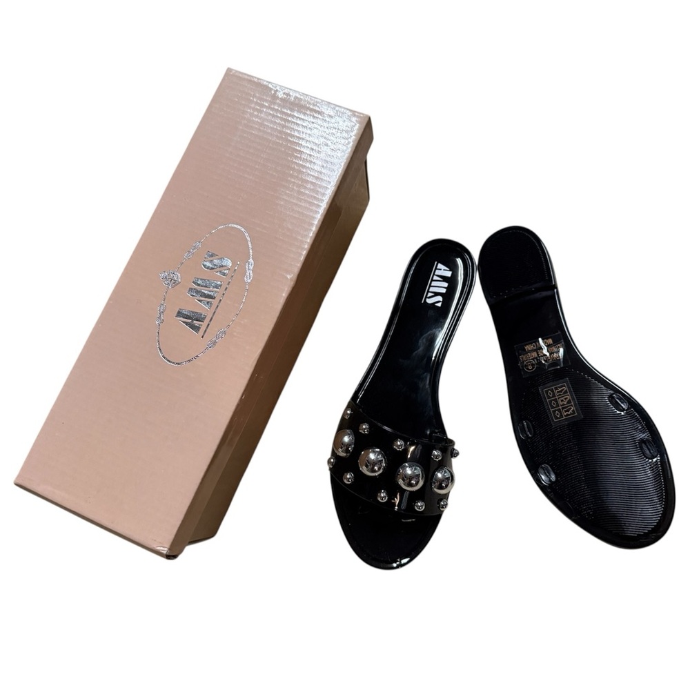 NIB AMS Women 8 Embellished Beaded Jelly Slides Sandals Shoes Black Silver Boho